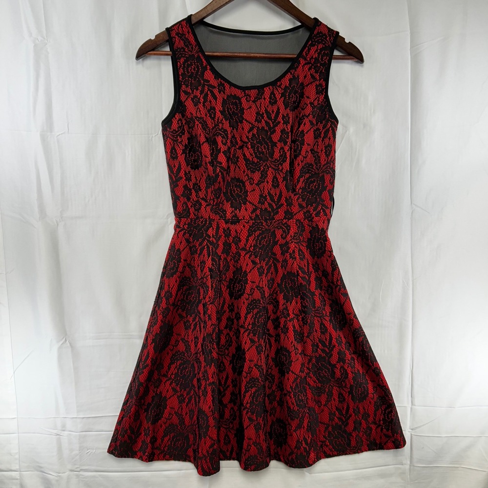 Enfocus Studio Fit and Flare Dress Womens 4 Red Black Floral Lace Mesh Yoke